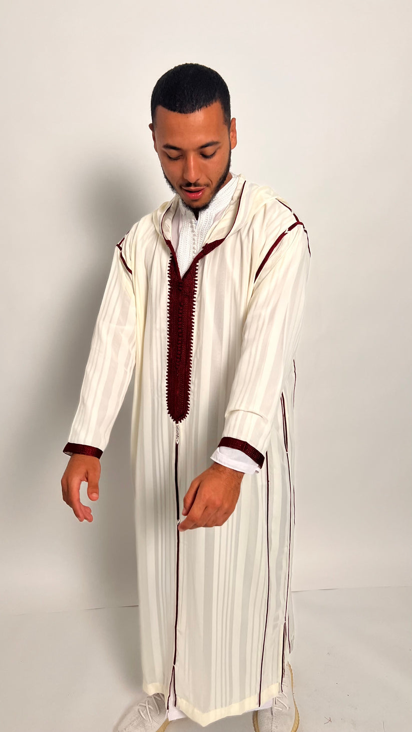 Pure White Luxury 1 Piece Djellaba with Burgundy Accents