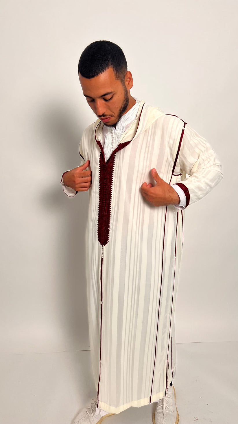Pure White Luxury 1 Piece Djellaba with Burgundy Accents
