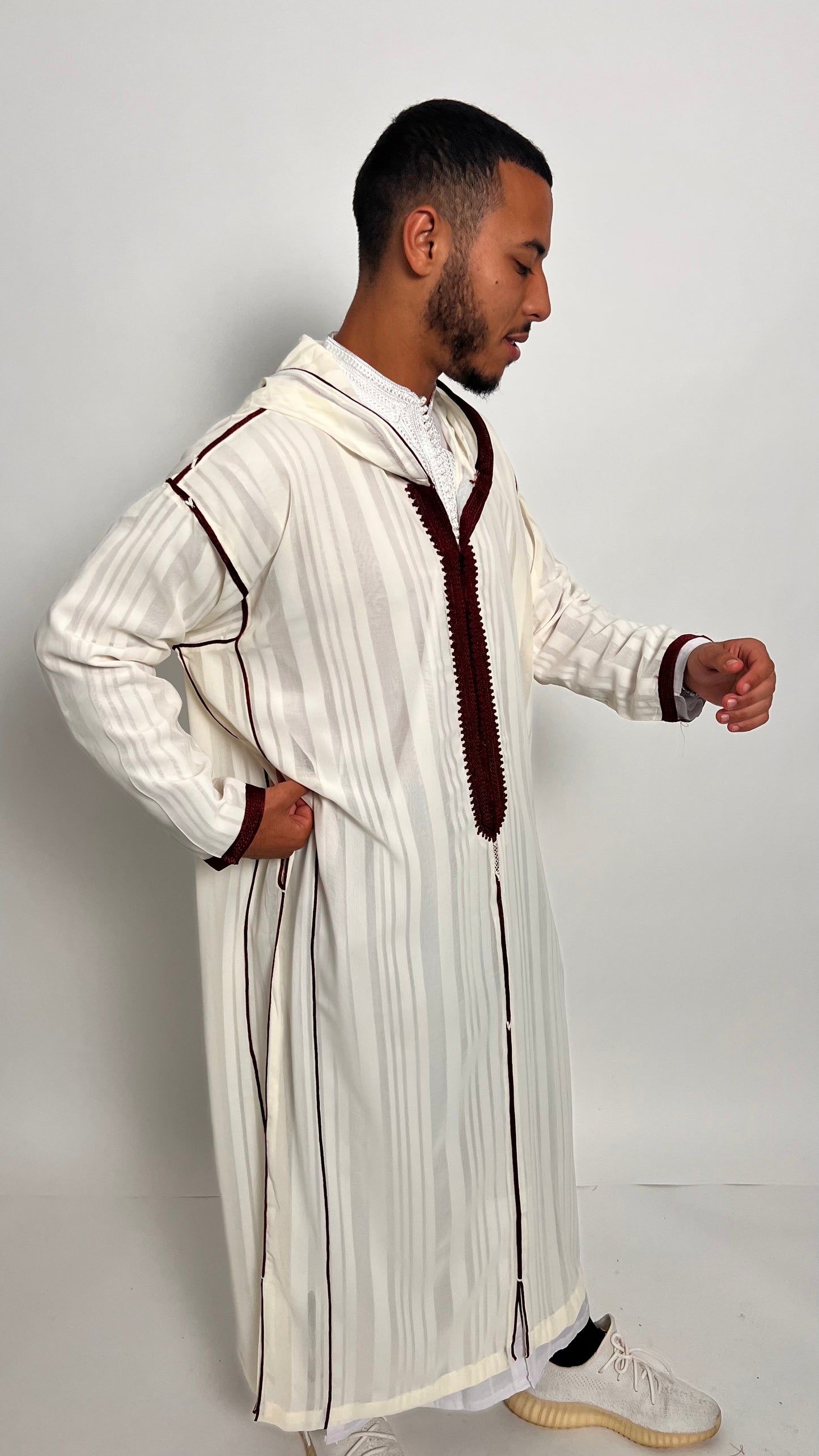 Pure White Luxury 2 Piece Djellaba with Burgundy Accents