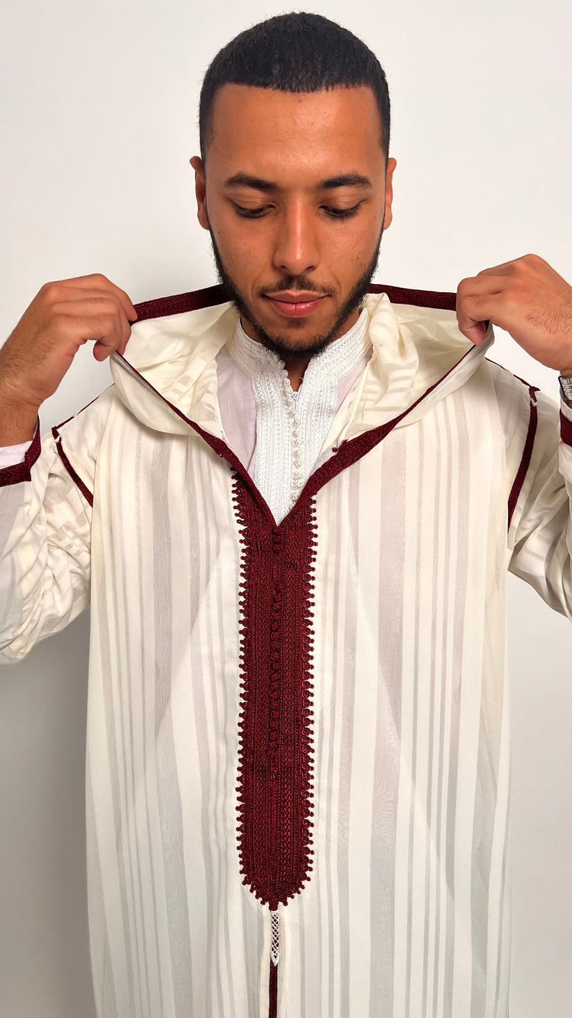 Pure White Luxury 1 Piece Djellaba with Burgundy Accents