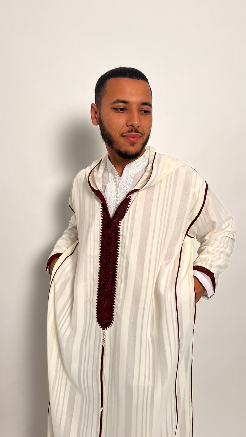 Pure White Luxury 1 Piece Djellaba with Burgundy Accents