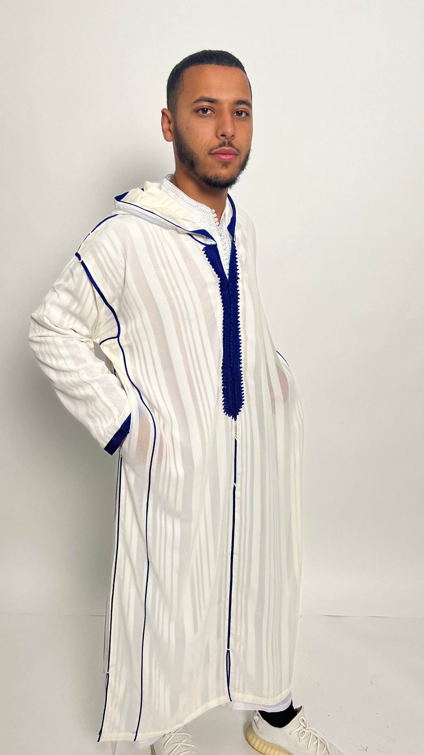 Pure White Luxury 2 Piece Djellaba with Royal Blue Accents