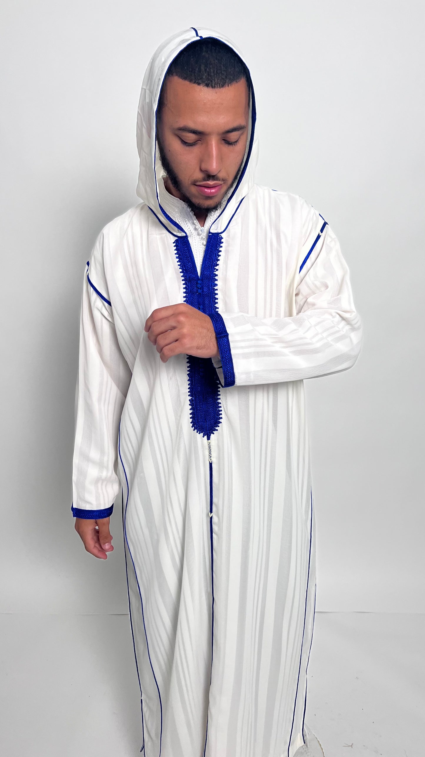 Pure White Luxury 2 Piece Djellaba with Royal Blue Accents