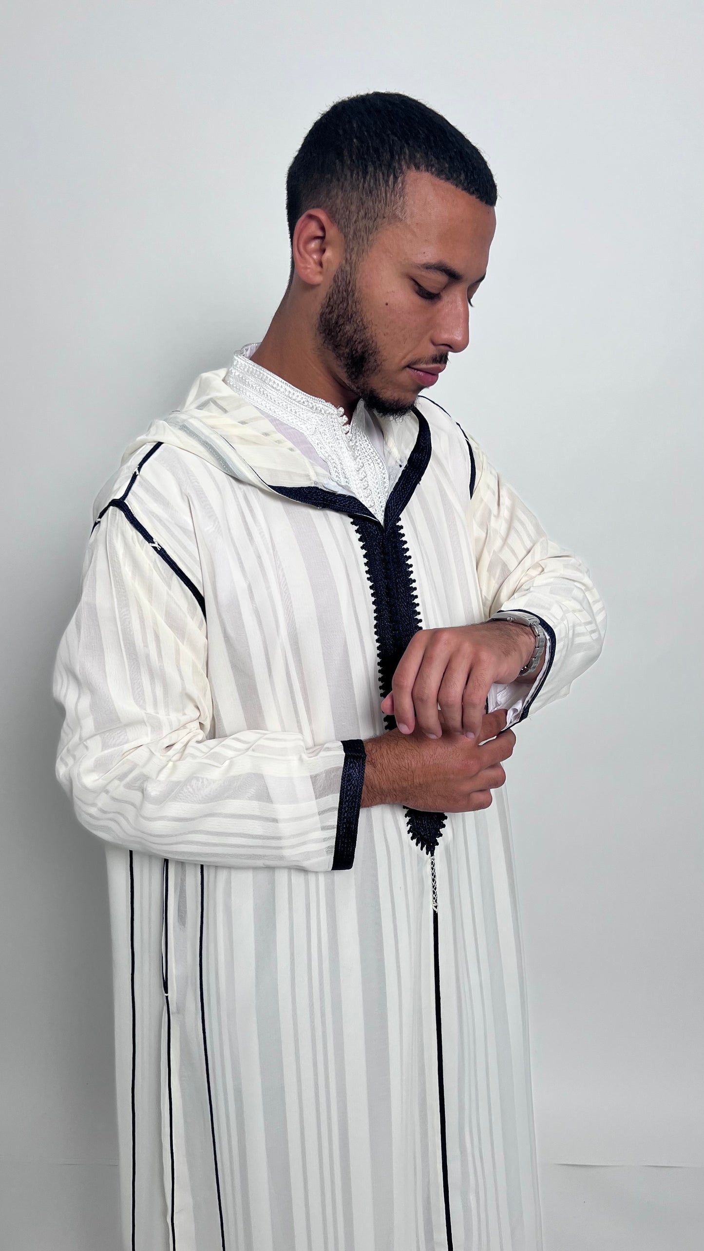 Pure White 2 Piece Luxury Djellaba with Indigo Accents