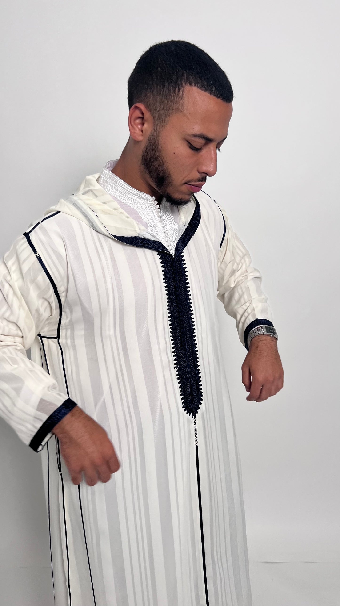Pure White 2 Piece Luxury Djellaba with Indigo Accents