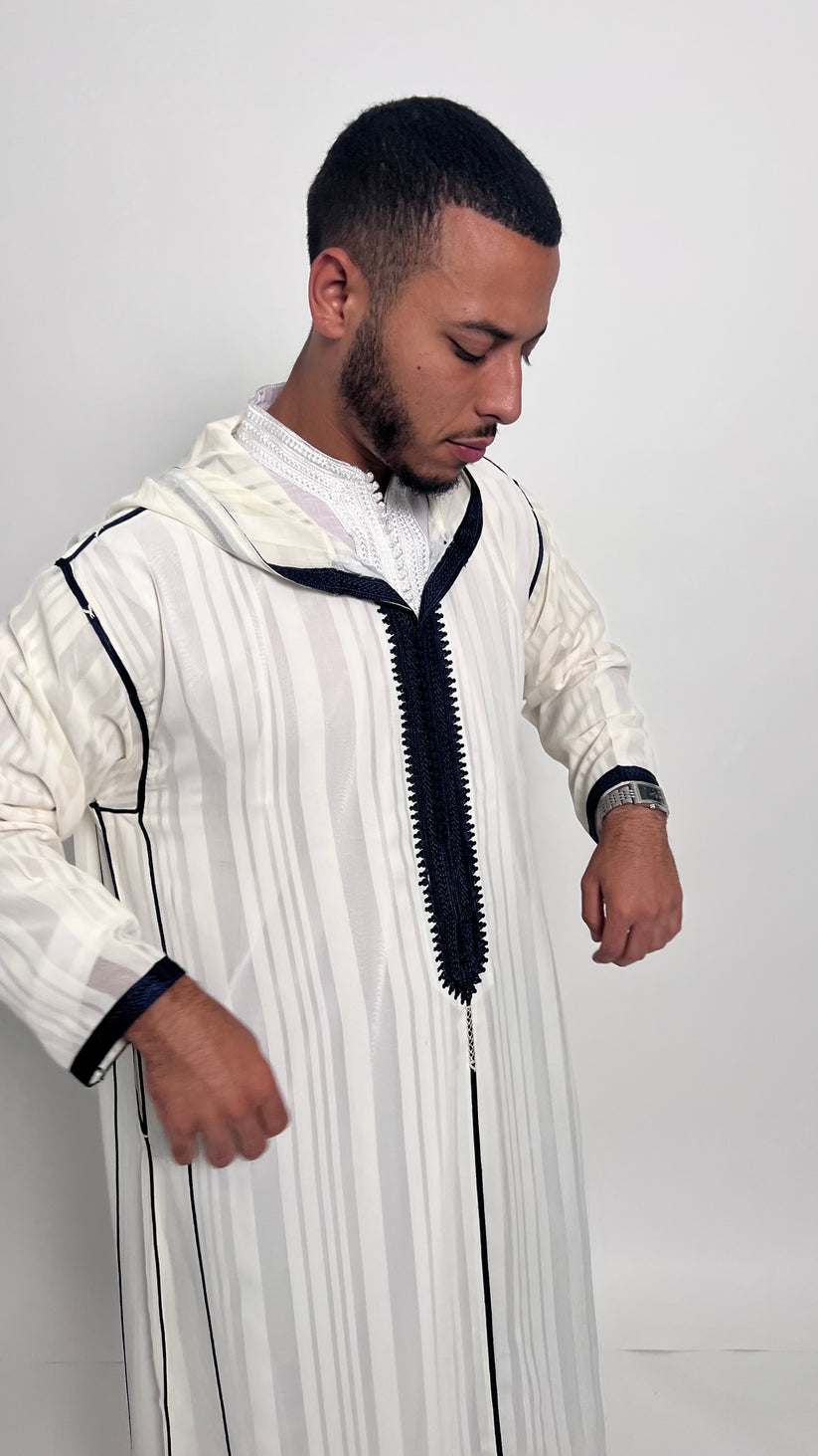 Pure White 1 Piece Luxury Djellaba with Indigo Accents