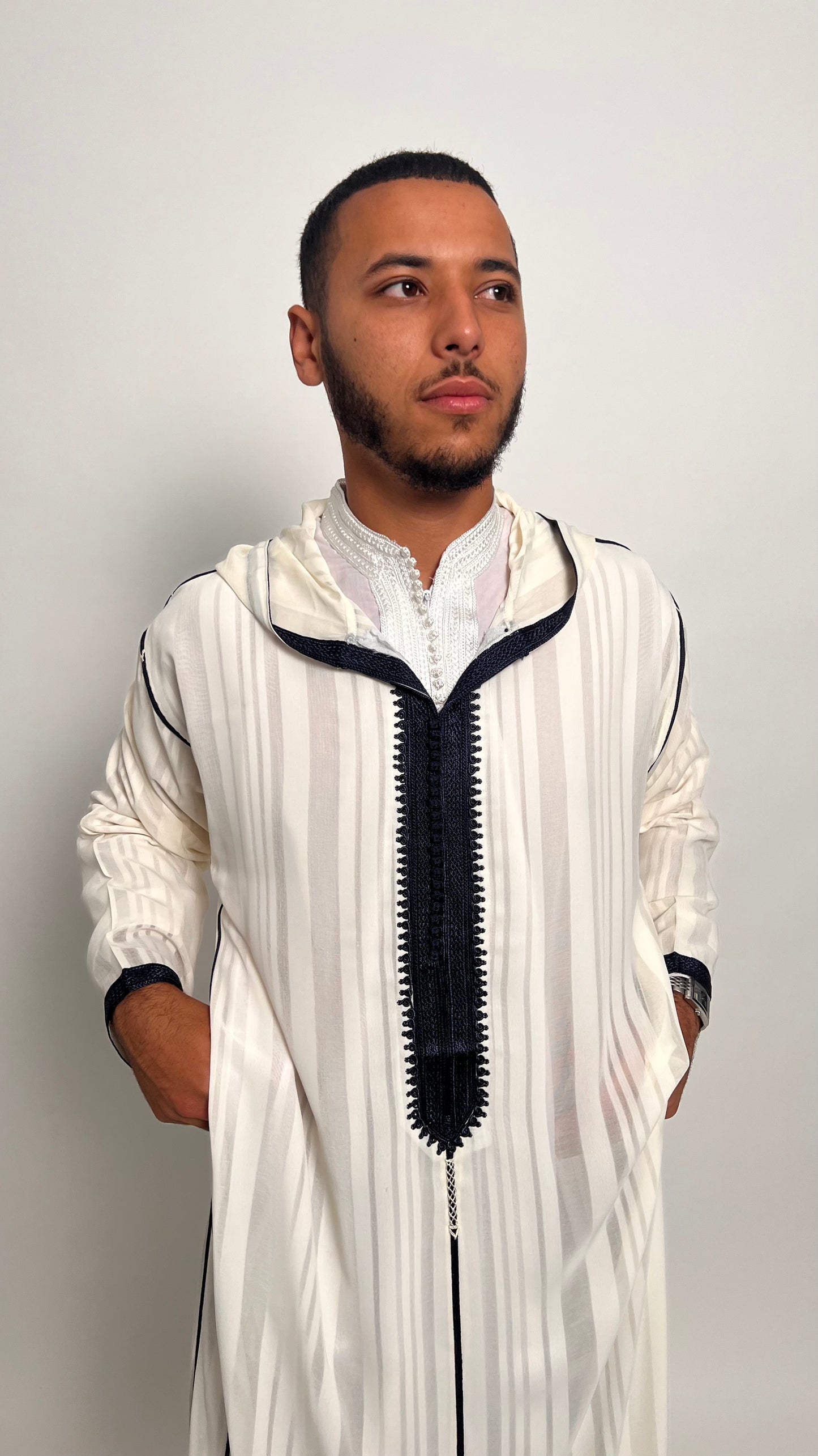 Pure White 2 Piece Luxury Djellaba with Indigo Accents