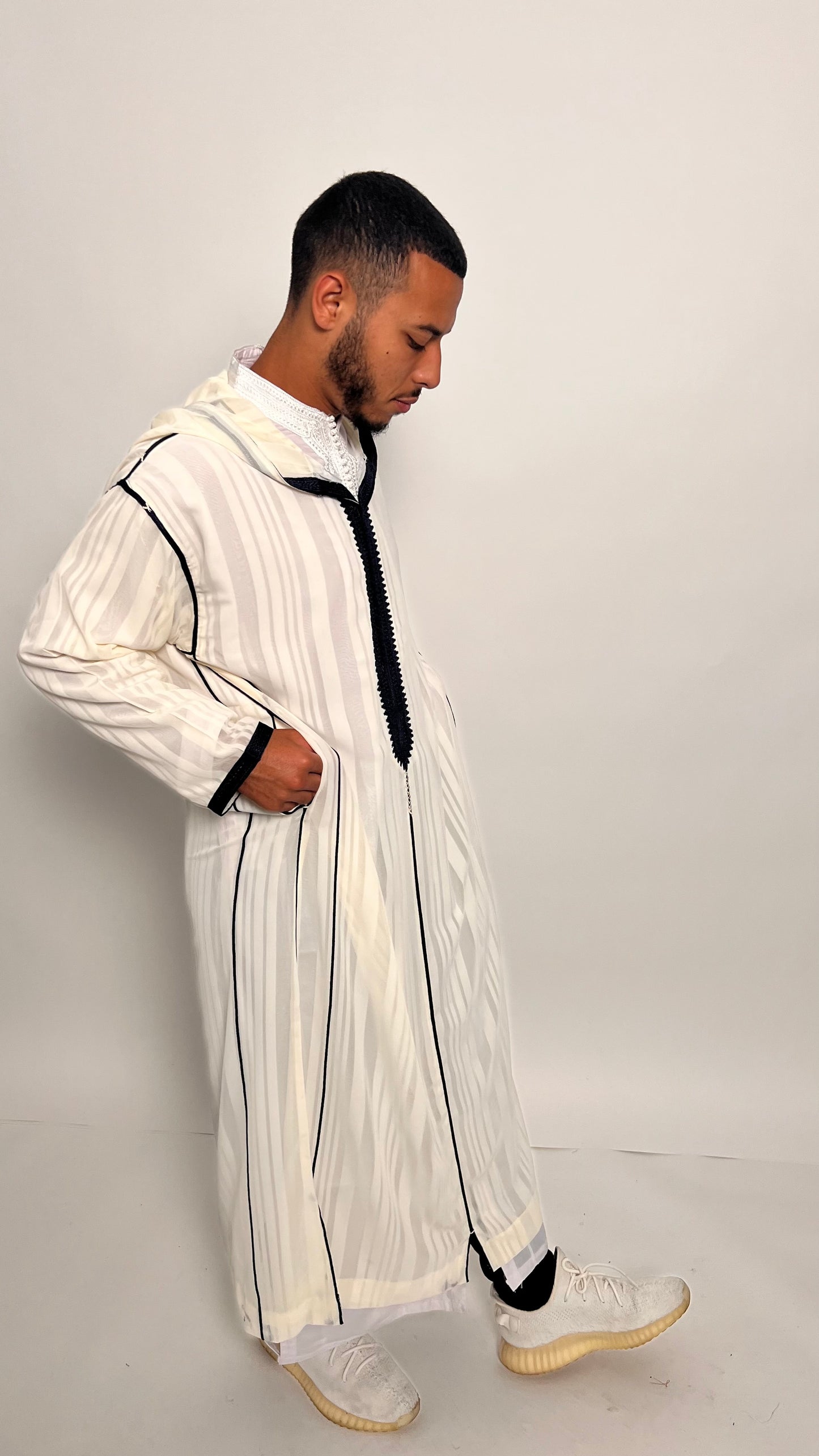 Pure White 2 Piece Luxury Djellaba with Indigo Accents