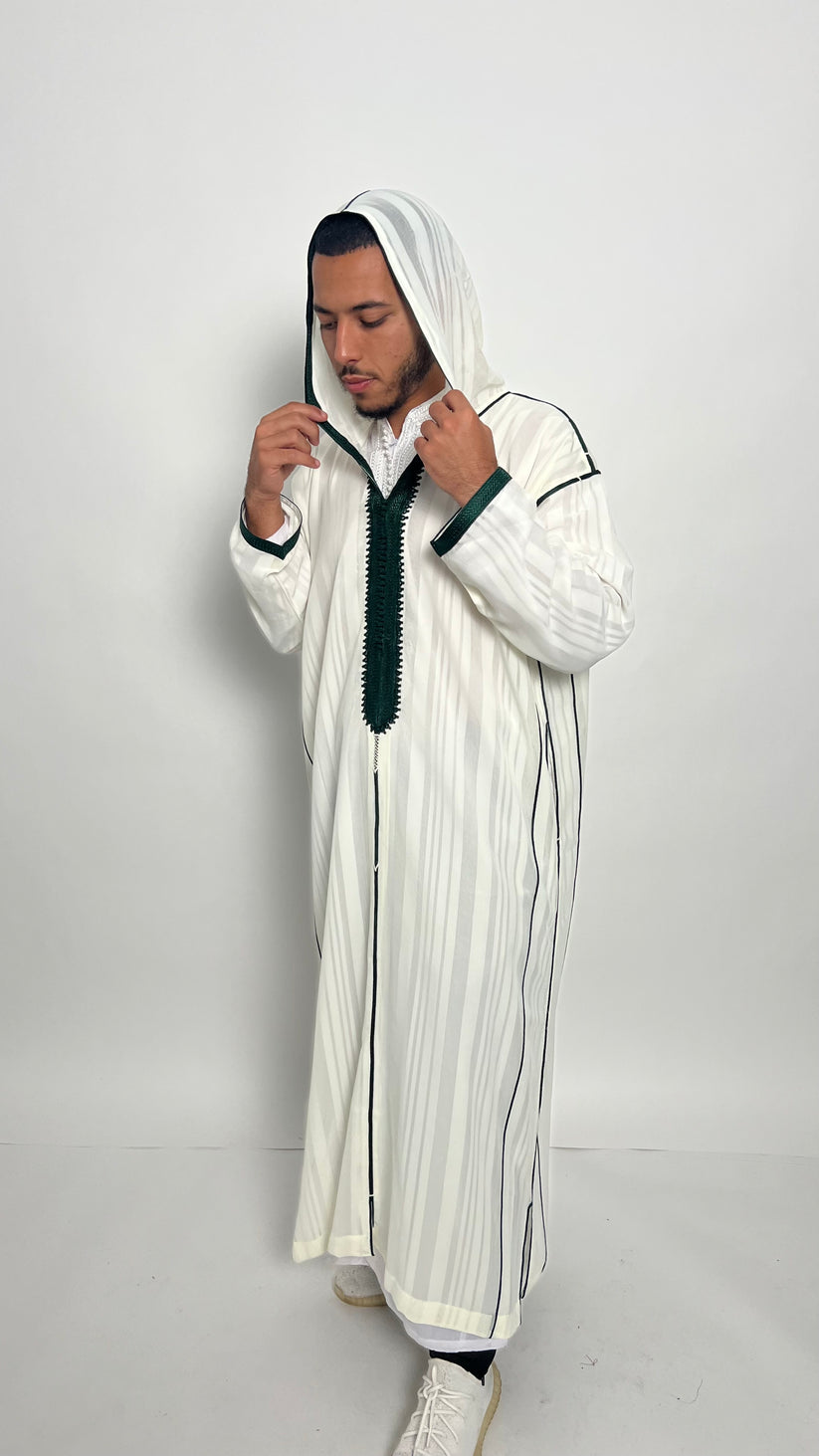Pure White Luxury 1 Piece Djellaba with Forest Green Accents