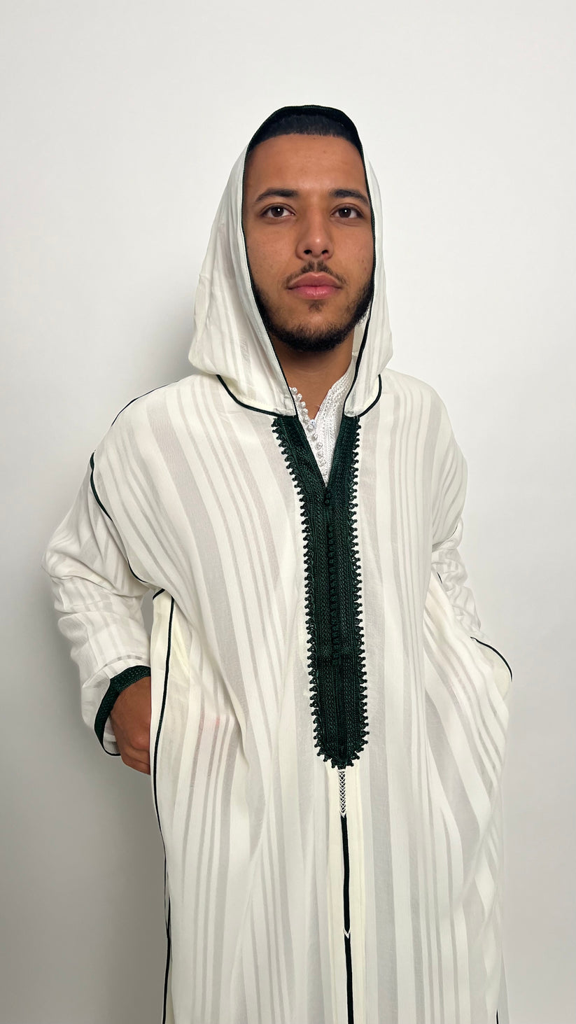 Pure White Luxury 1 Piece Djellaba with Forest Green Accents