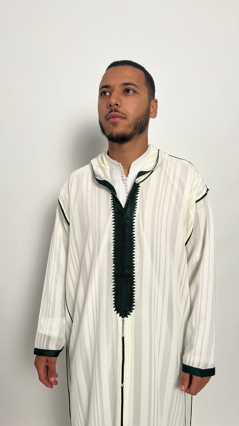 Pure White Luxury 1 Piece Djellaba with Forest Green Accents