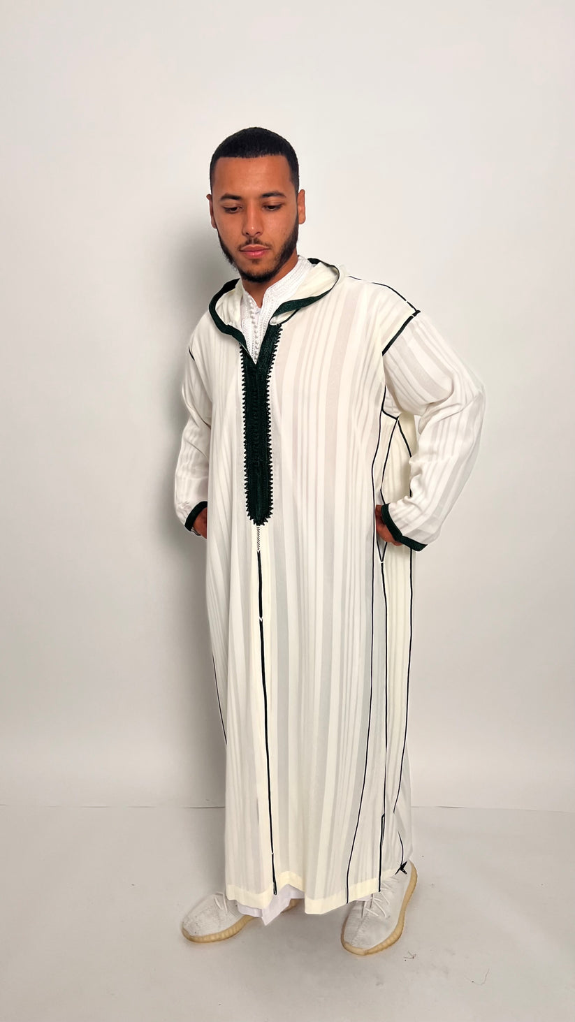 Pure White Luxury 1 Piece Djellaba with Forest Green Accents