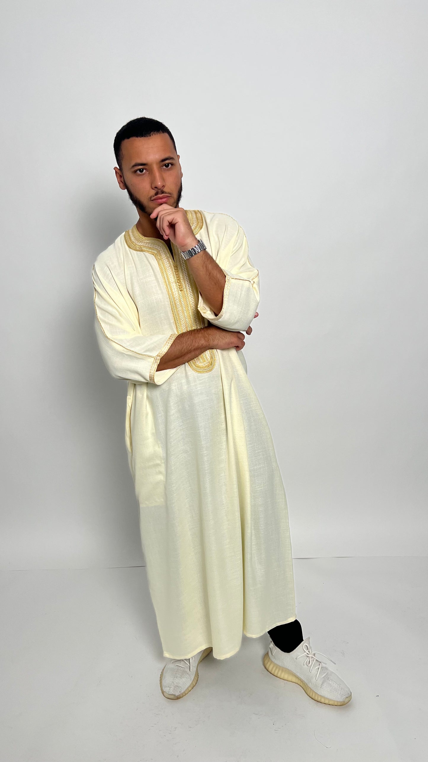 Creamy White Linen Moroccan Thobe with Golden Accents