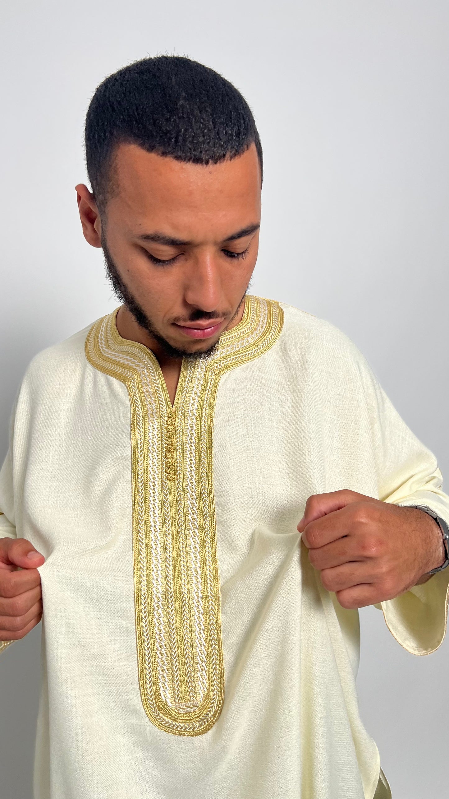Creamy White Linen Moroccan Thobe with Golden Accents
