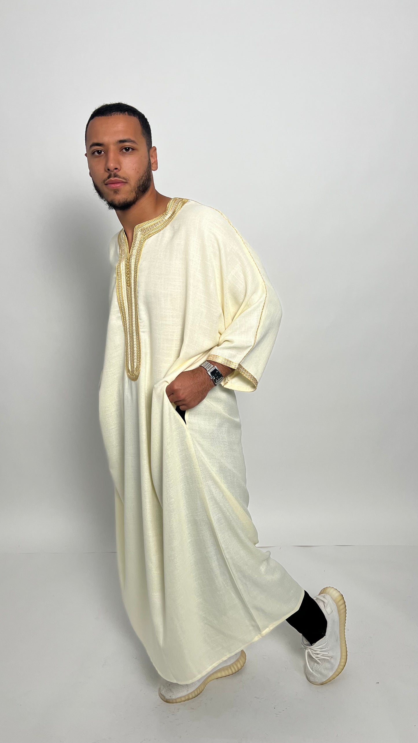 Creamy White Linen Moroccan Thobe with Golden Accents