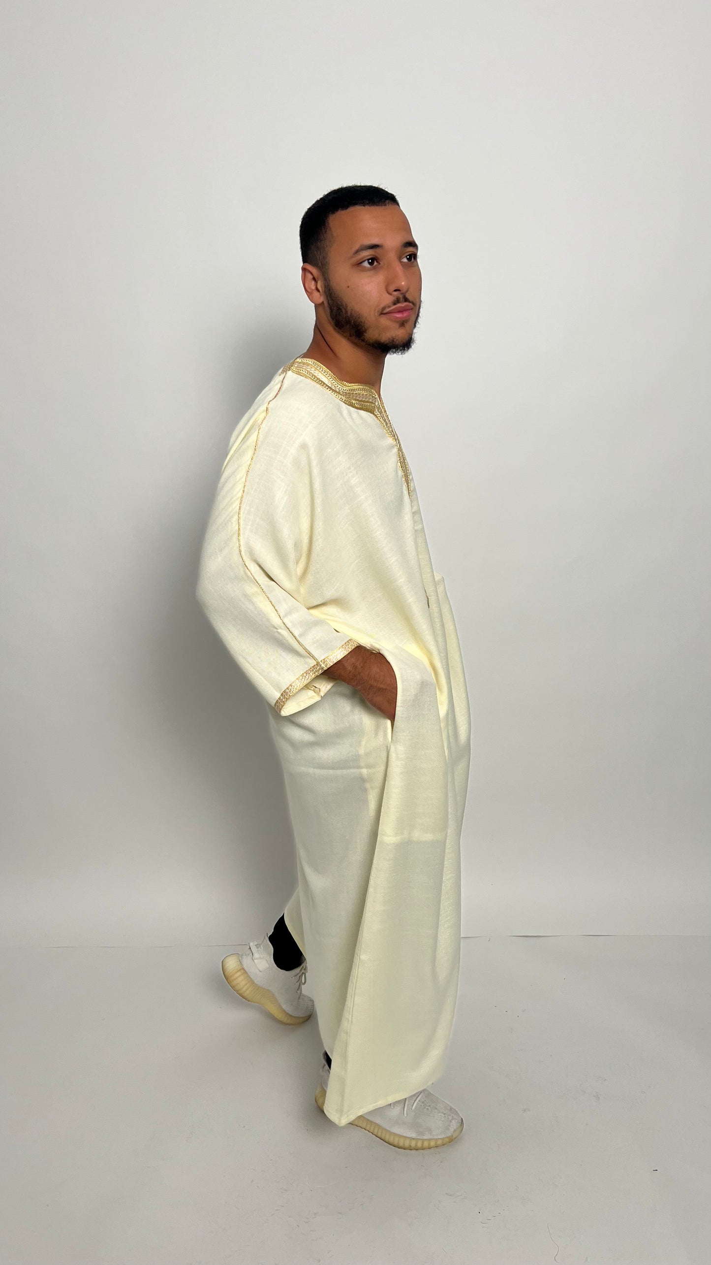 Creamy White Linen Moroccan Thobe with Golden Accents