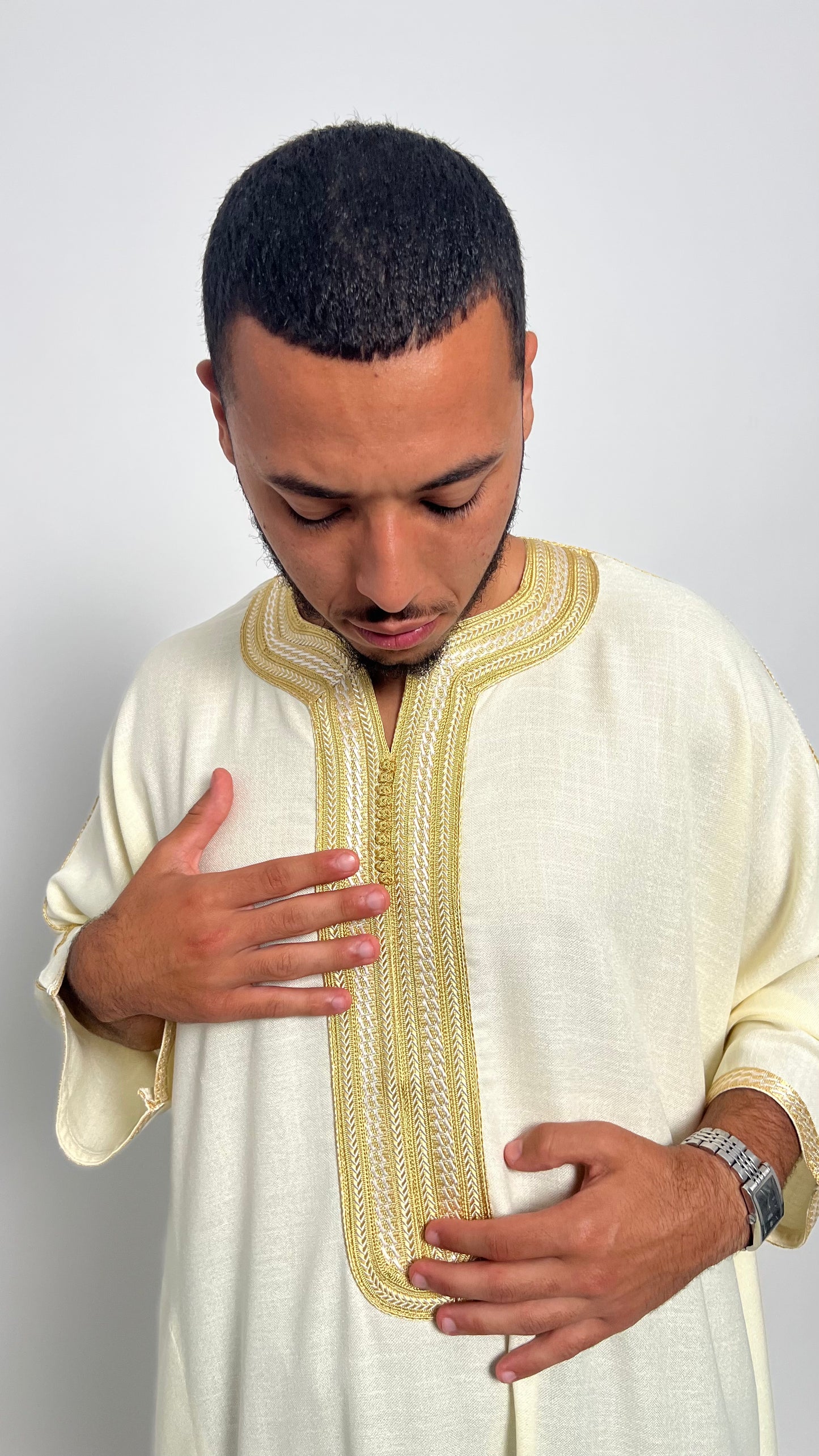 Creamy White Linen Moroccan Thobe with Golden Accents