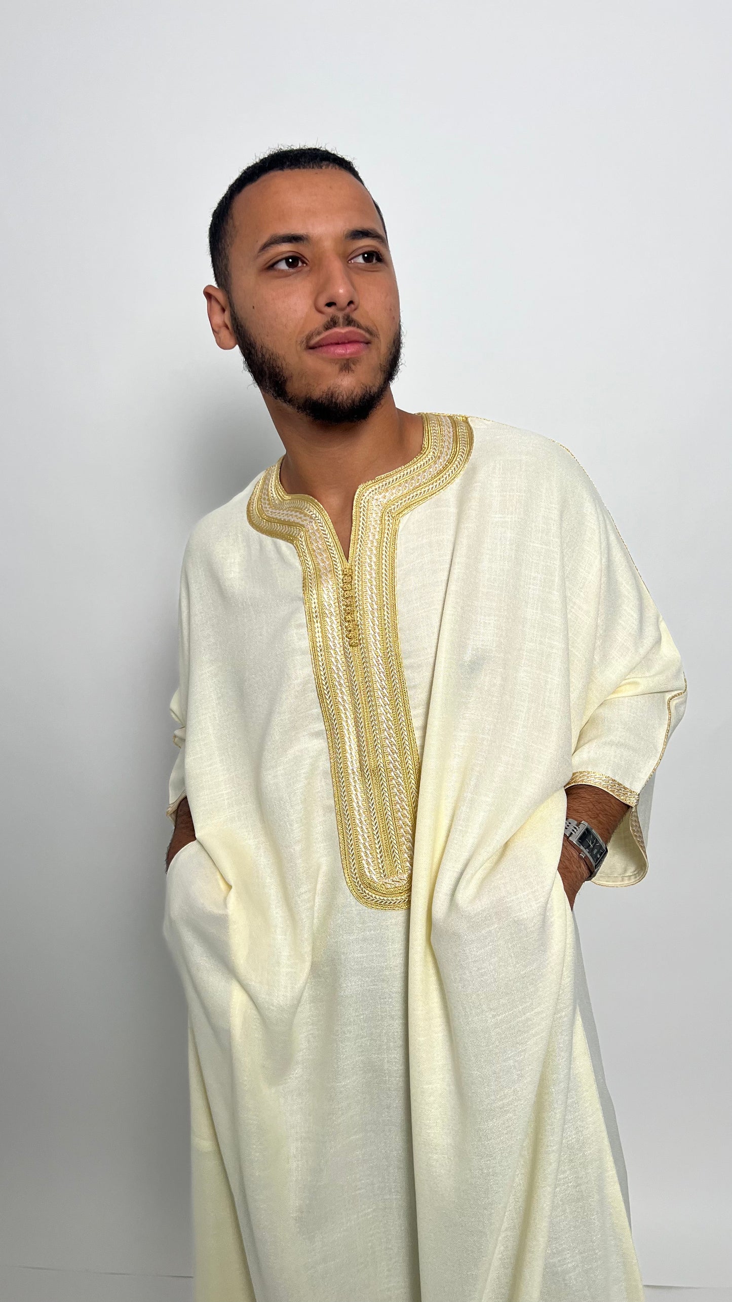 Creamy White Linen Moroccan Thobe with Golden Accents