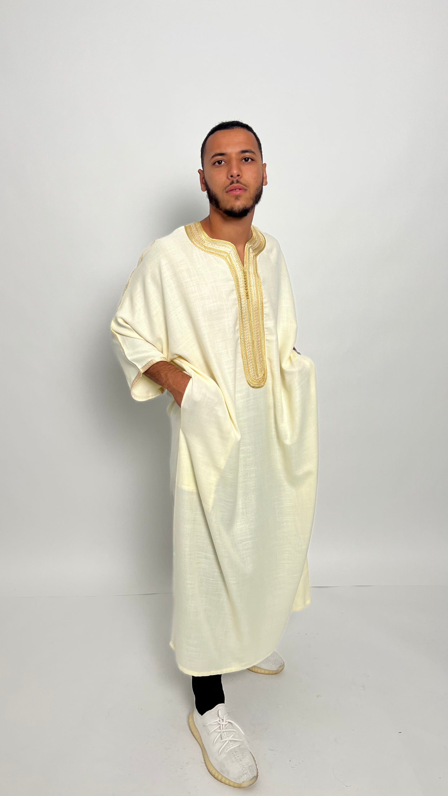 Creamy White Linen Moroccan Thobe with Golden Accents