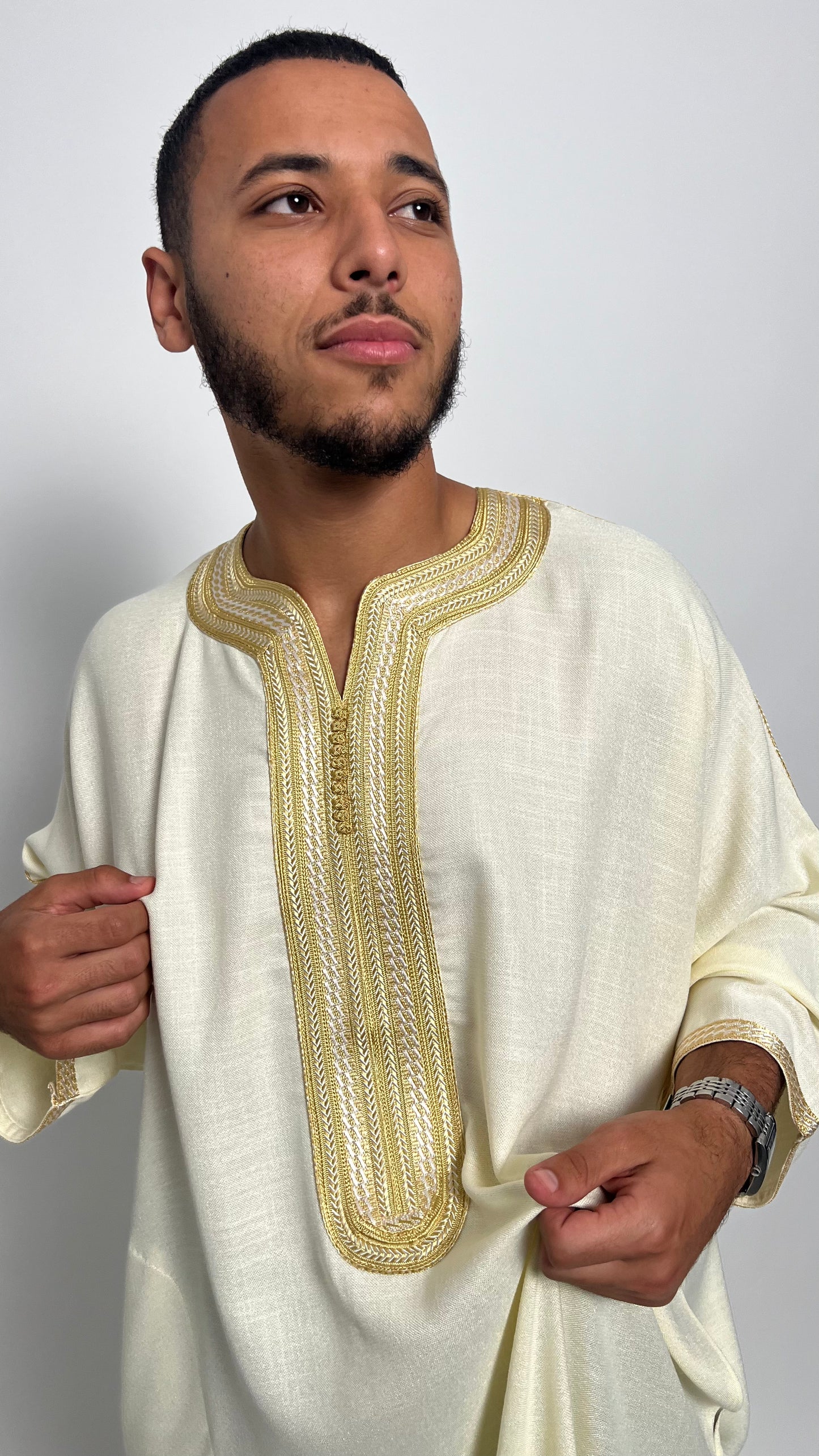Creamy White Linen Moroccan Thobe with Golden Accents