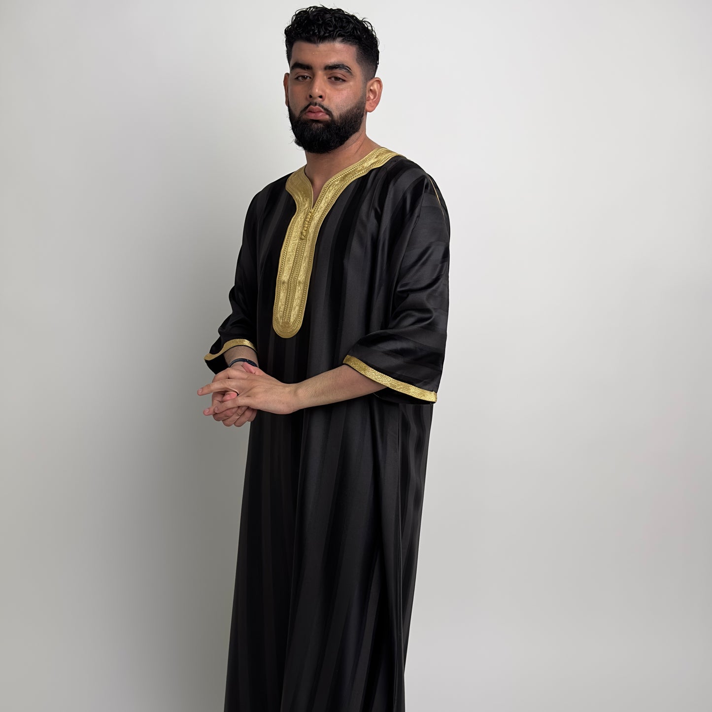 Silky Black Satin Moroccan Thobe with Golden Accents