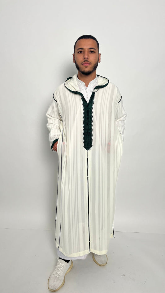 Pure White Luxury 1 Piece Djellaba with Forest Green Accents