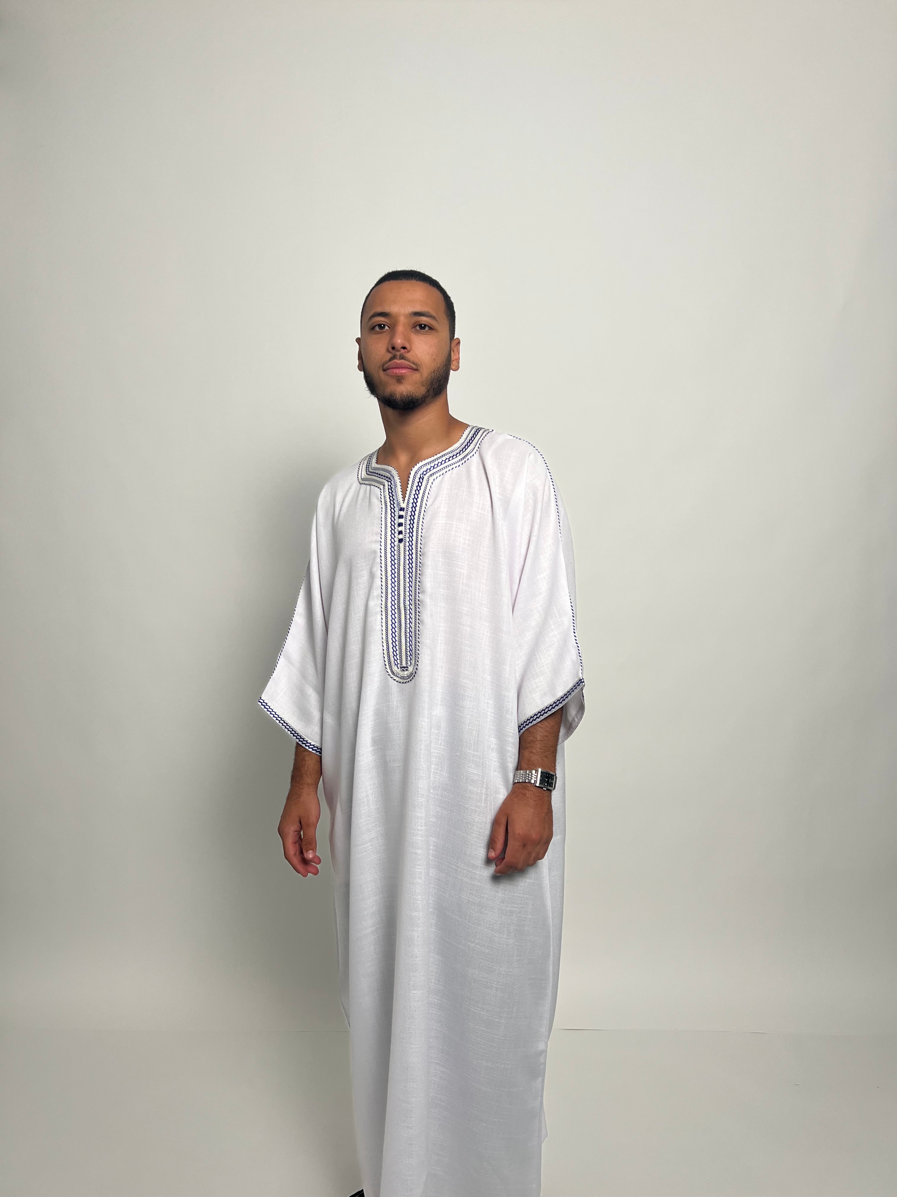 Pure White Linen Moroccan Thobe with Royal Blue Accents – Ihsaan Drip