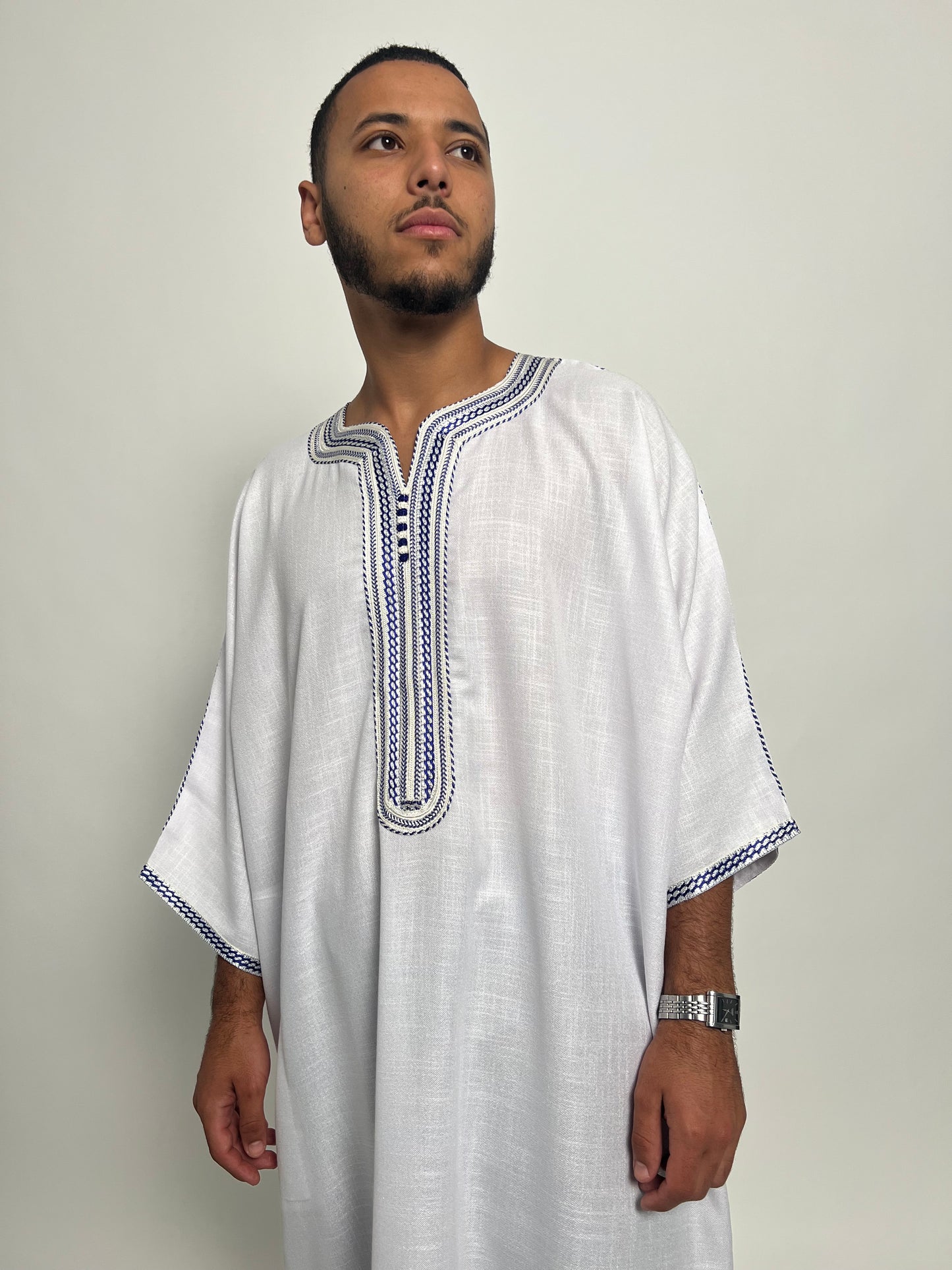 Pure White Linen Moroccan Thobe with Royal Blue Accents
