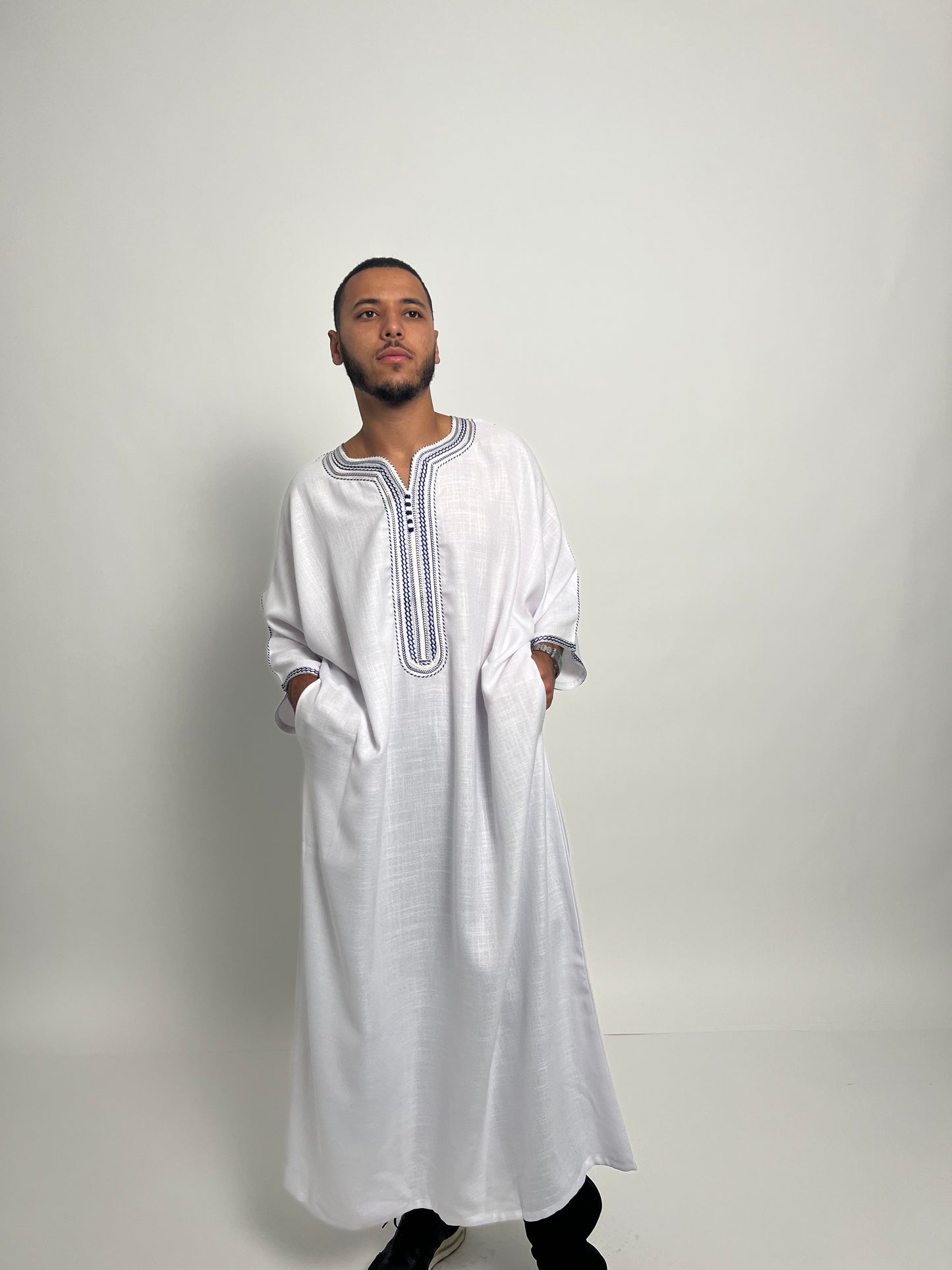 Pure White Linen Moroccan Thobe with Royal Blue Accents