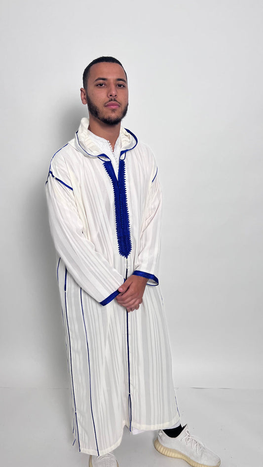 Pure White Luxury 1 Piece Djellaba with Royal Blue Accents