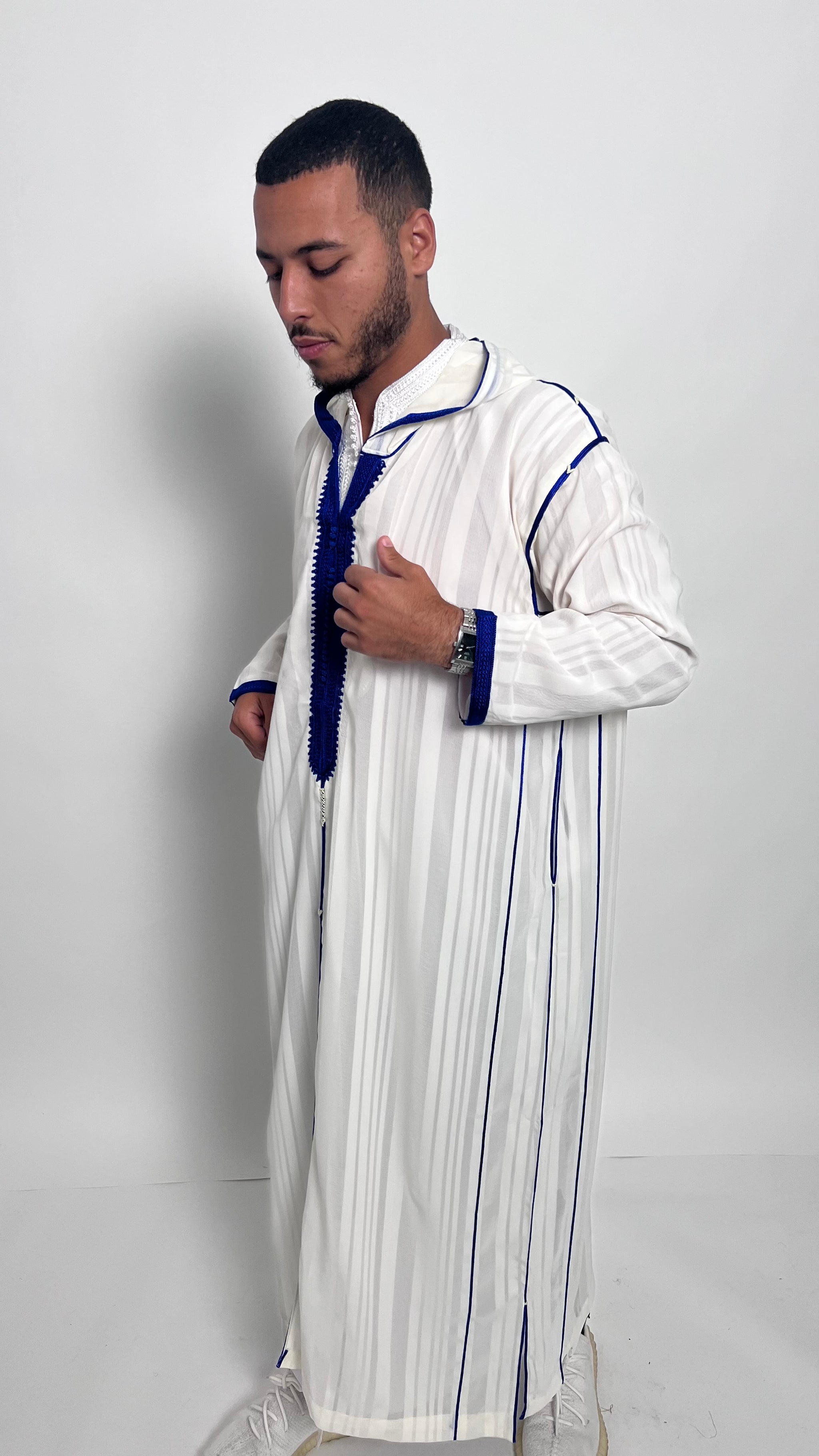 Pure White Luxury 2 Piece Djellaba with Royal Blue Accents – Ihsaan Drip