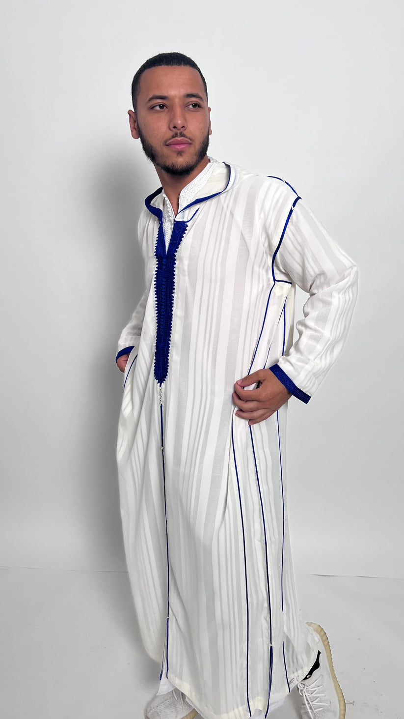 Pure White Luxury 1 Piece Djellaba with Royal Blue Accents