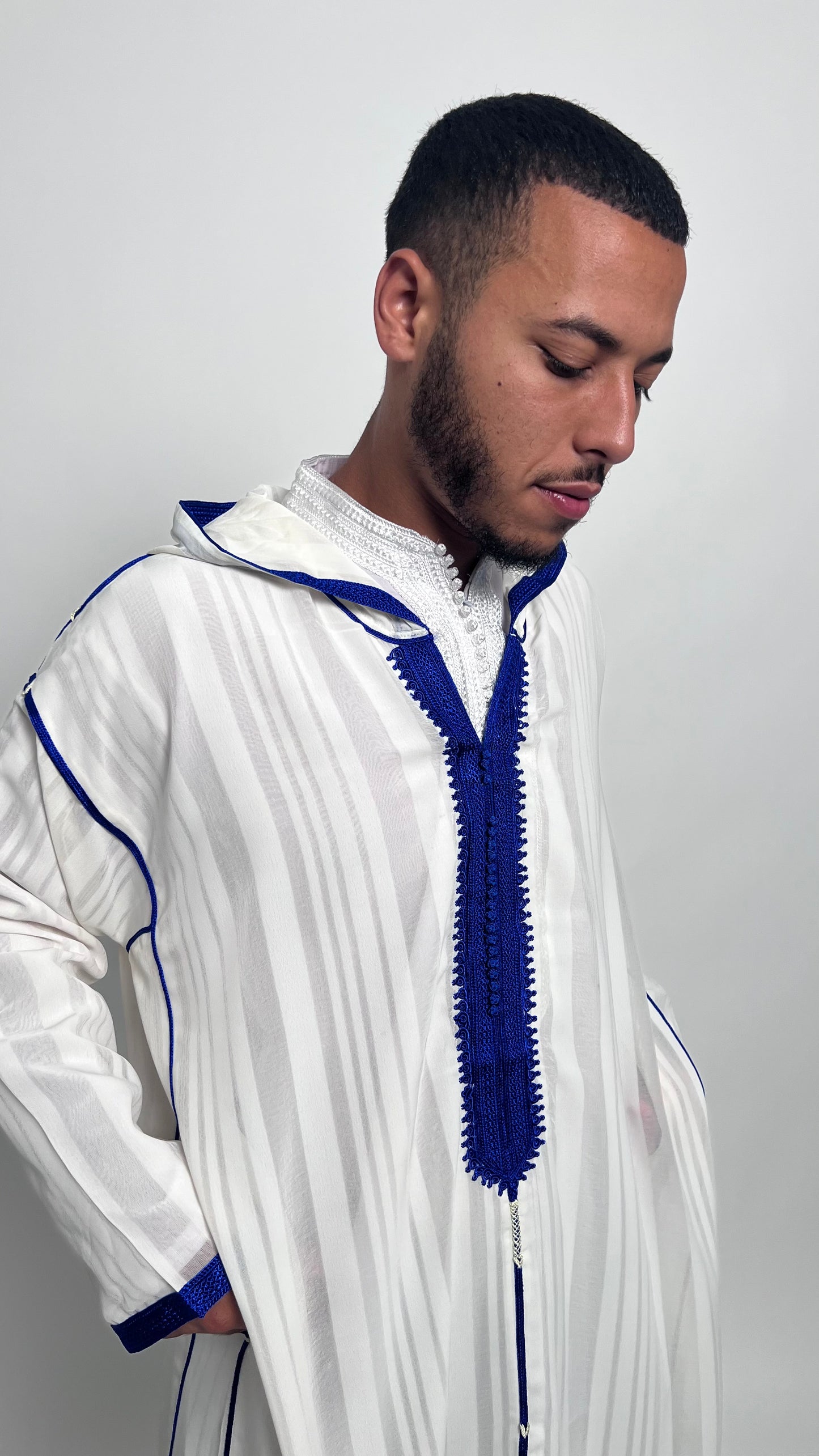 Pure White Luxury 2 Piece Djellaba with Royal Blue Accents