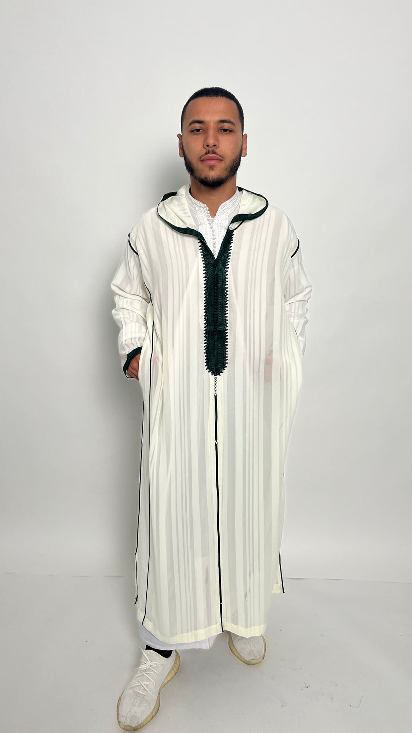Pure White Luxury 1 Piece Djellaba with Forest Green Accents