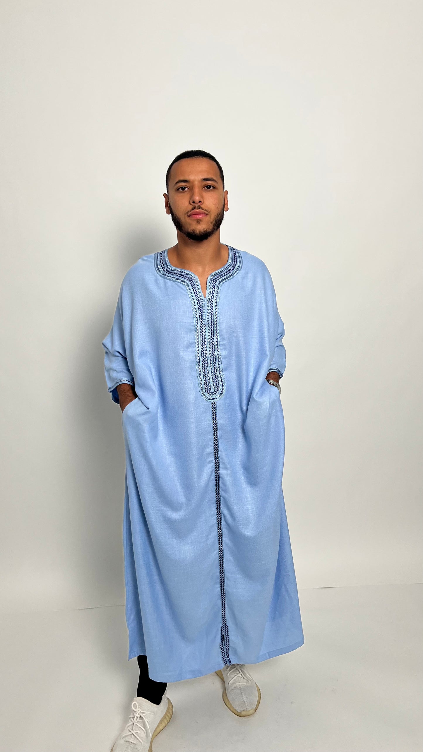 Powder Blue Linen Moroccan Thobe with Platinum Accents