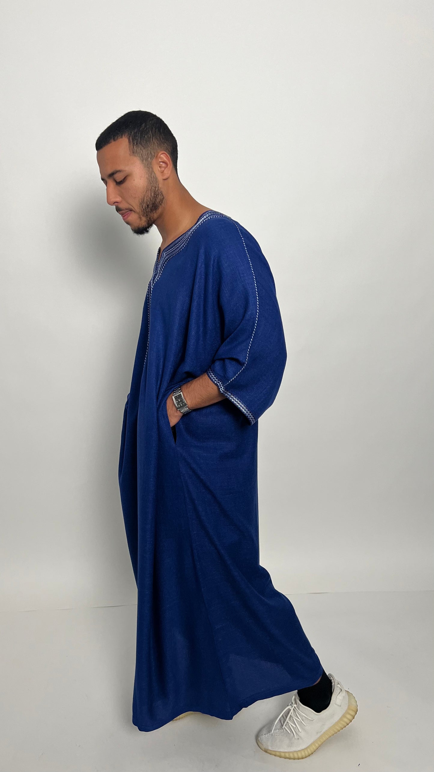 Royal Blue Linen Moroccan Thobe with White Accents