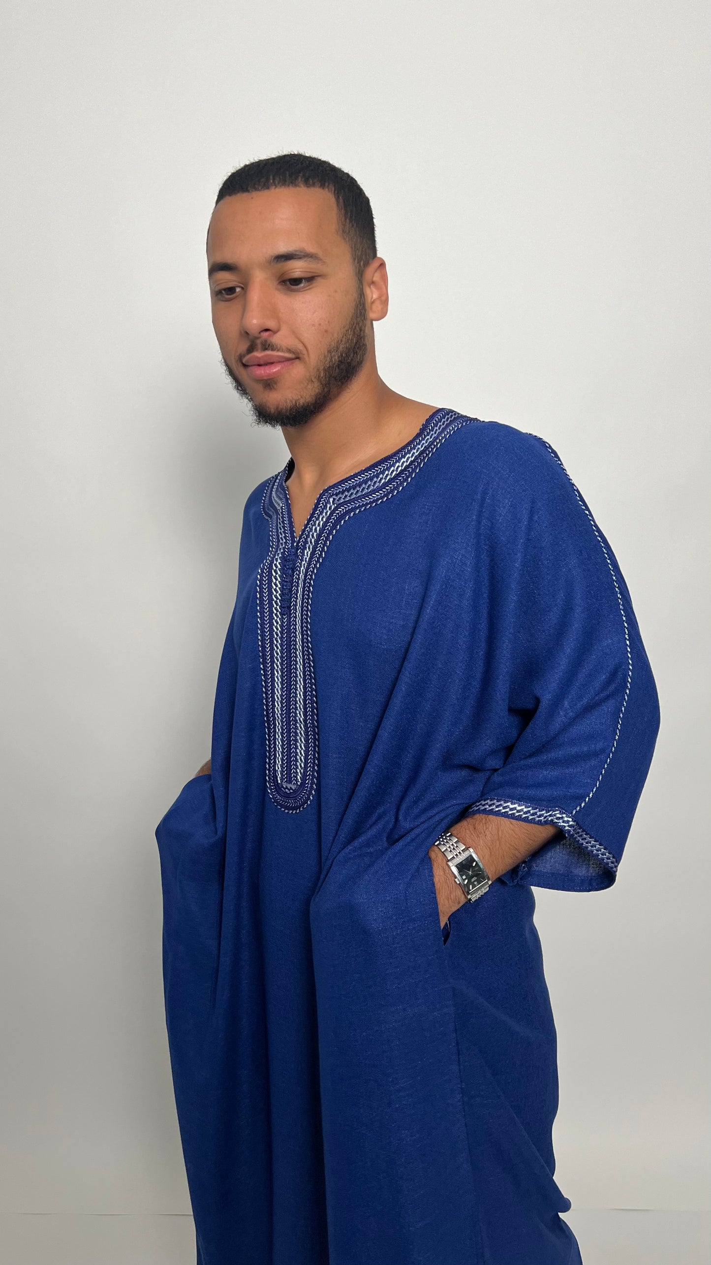 Royal Blue Linen Moroccan Thobe with White Accents