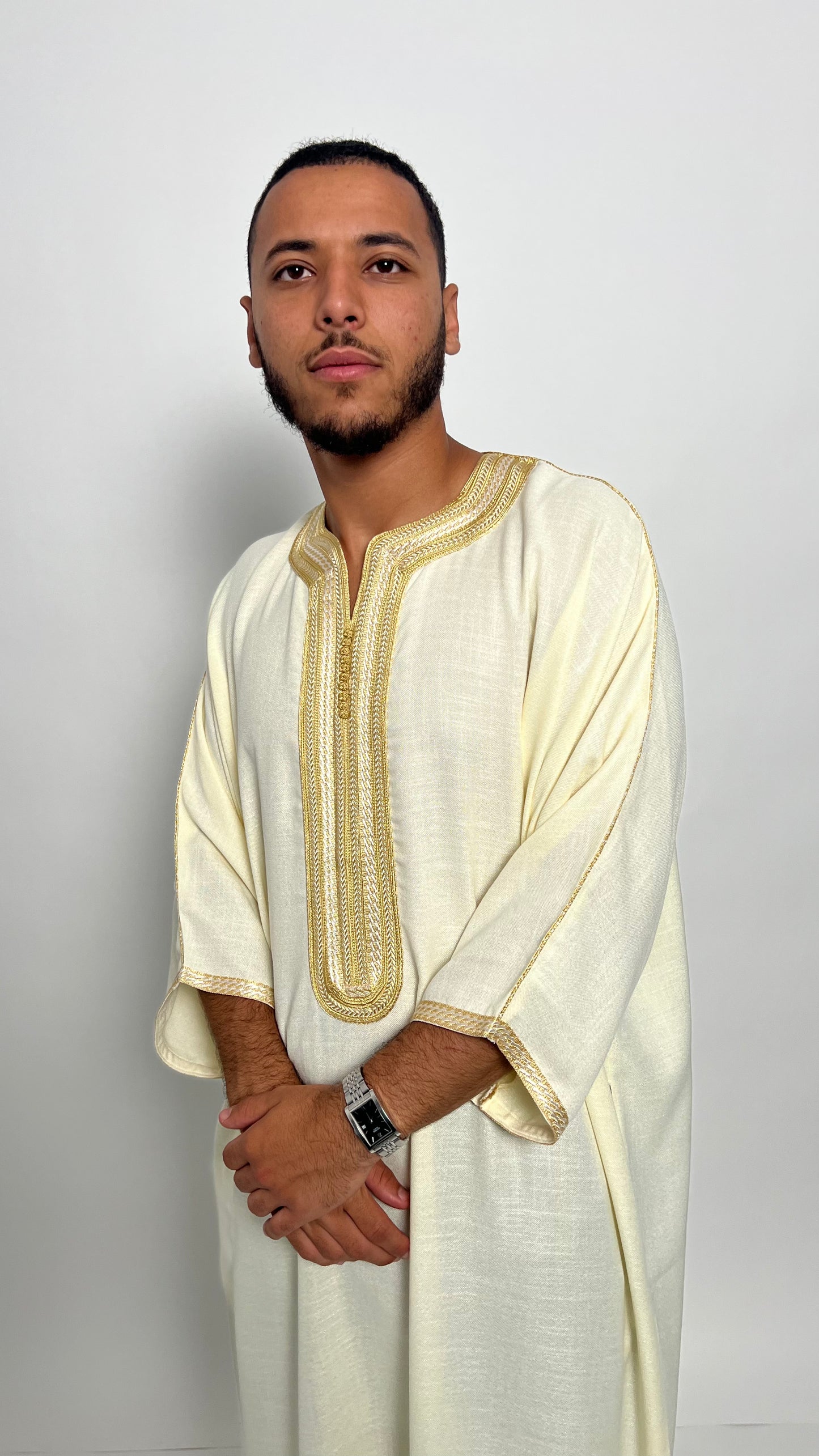 Creamy White Linen Moroccan Thobe with Golden Accents
