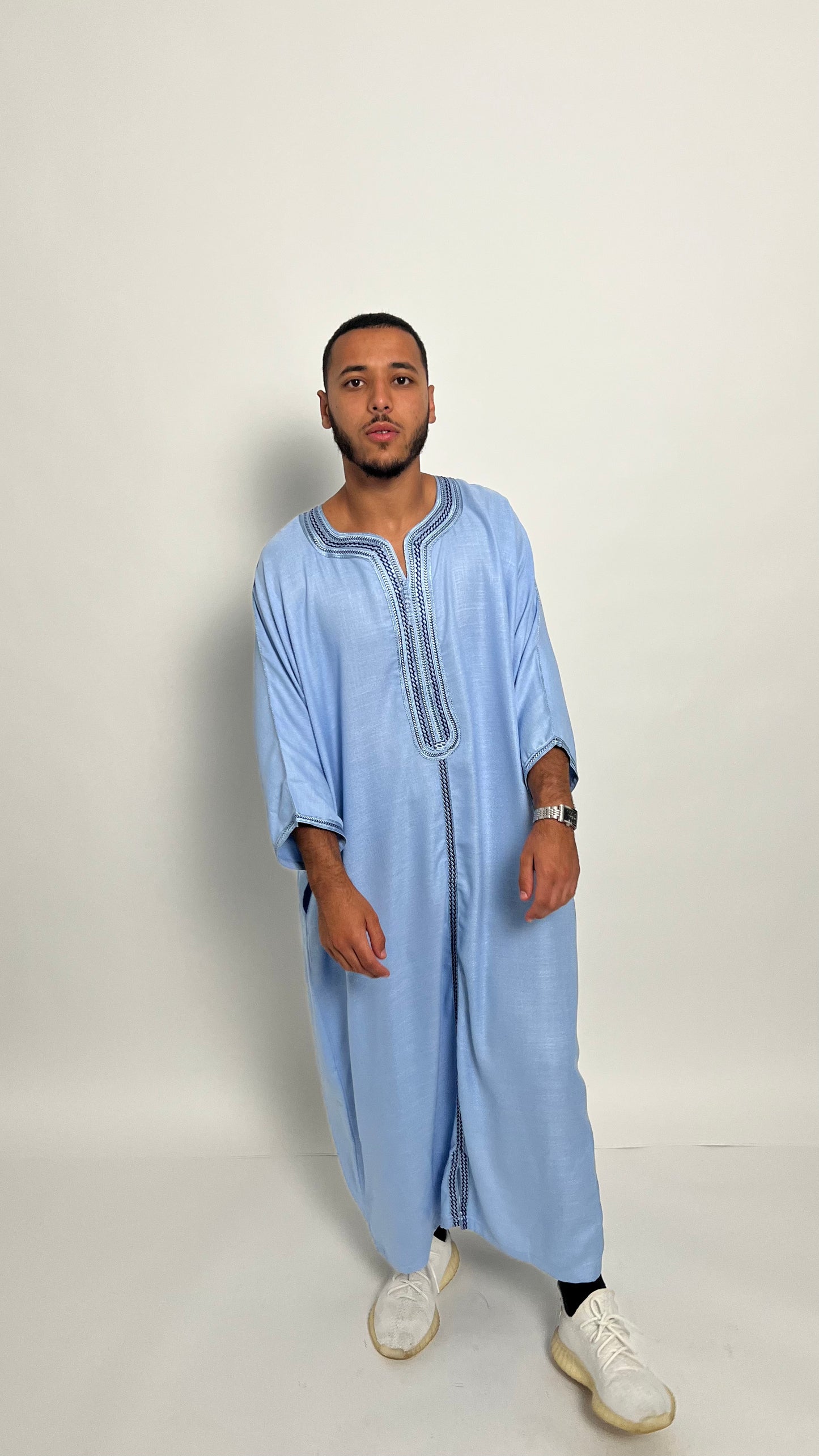 Powder Blue Linen Moroccan Thobe with Platinum Accents