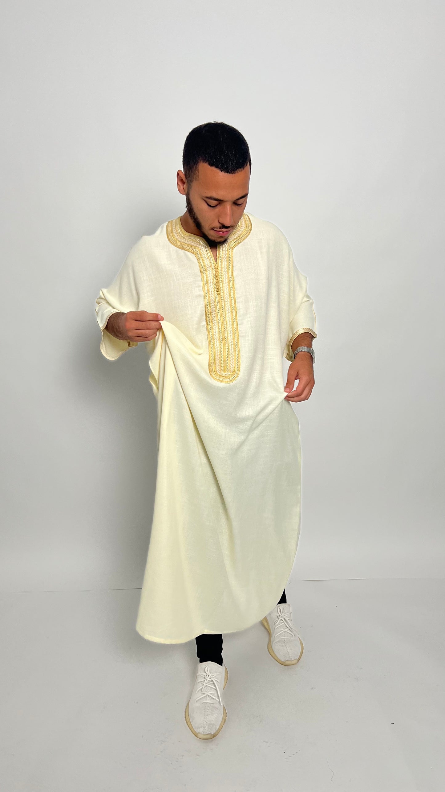 Creamy White Linen Moroccan Thobe with Golden Accents – Ihsaan Drip