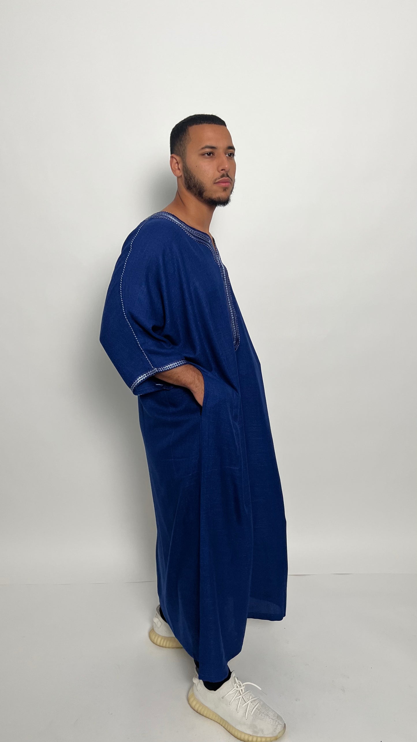 Royal Blue Linen Moroccan Thobe with White Accents