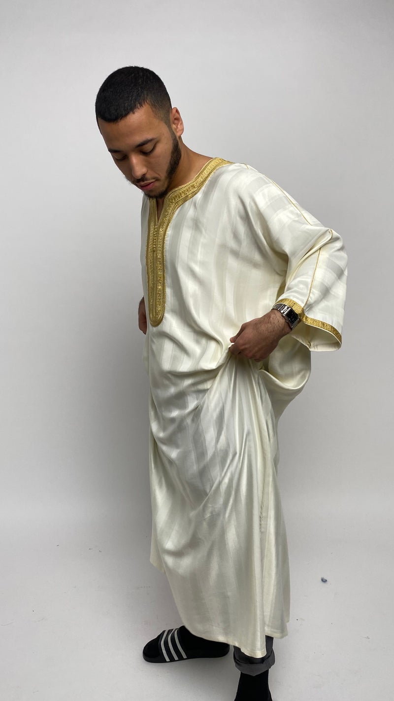 Pure White Satin Moroccan Thobe Thobe with Golden Accents