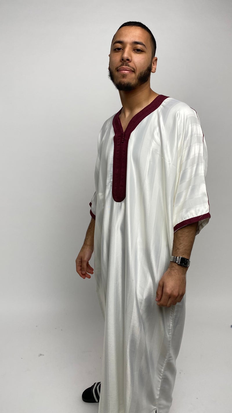 Pure White Satin Moroccan Thobe with Burgundy Accents