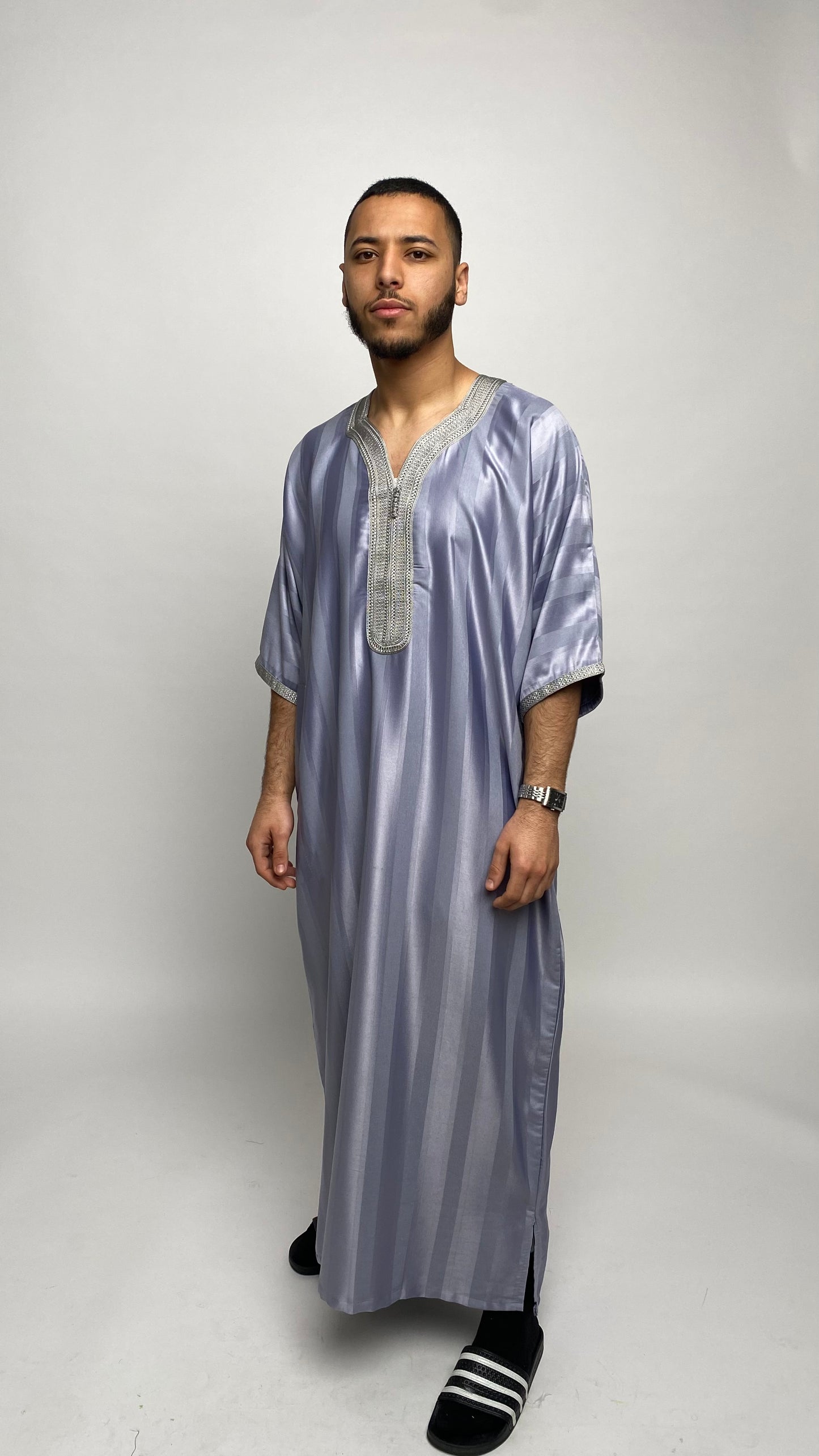 Blue-Tinted Grey Satin Moroccan Thobe